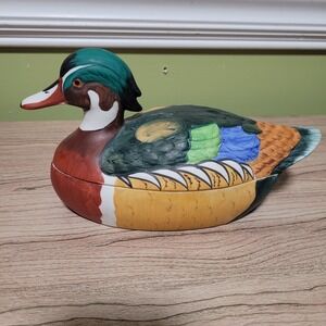 Vintage Hand Painted Ceramic Wood Duck Trinket Box Mallard Candy Dish Taiwan